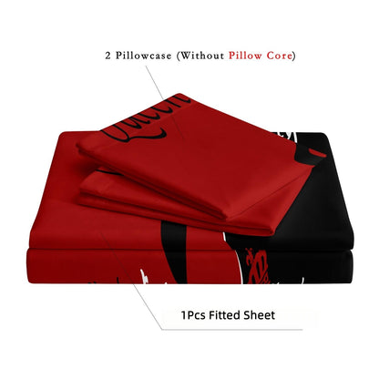 King and Queen Couple Fitted Sheet Set, Romantic Red Black Heart Bedding with Pillowcases