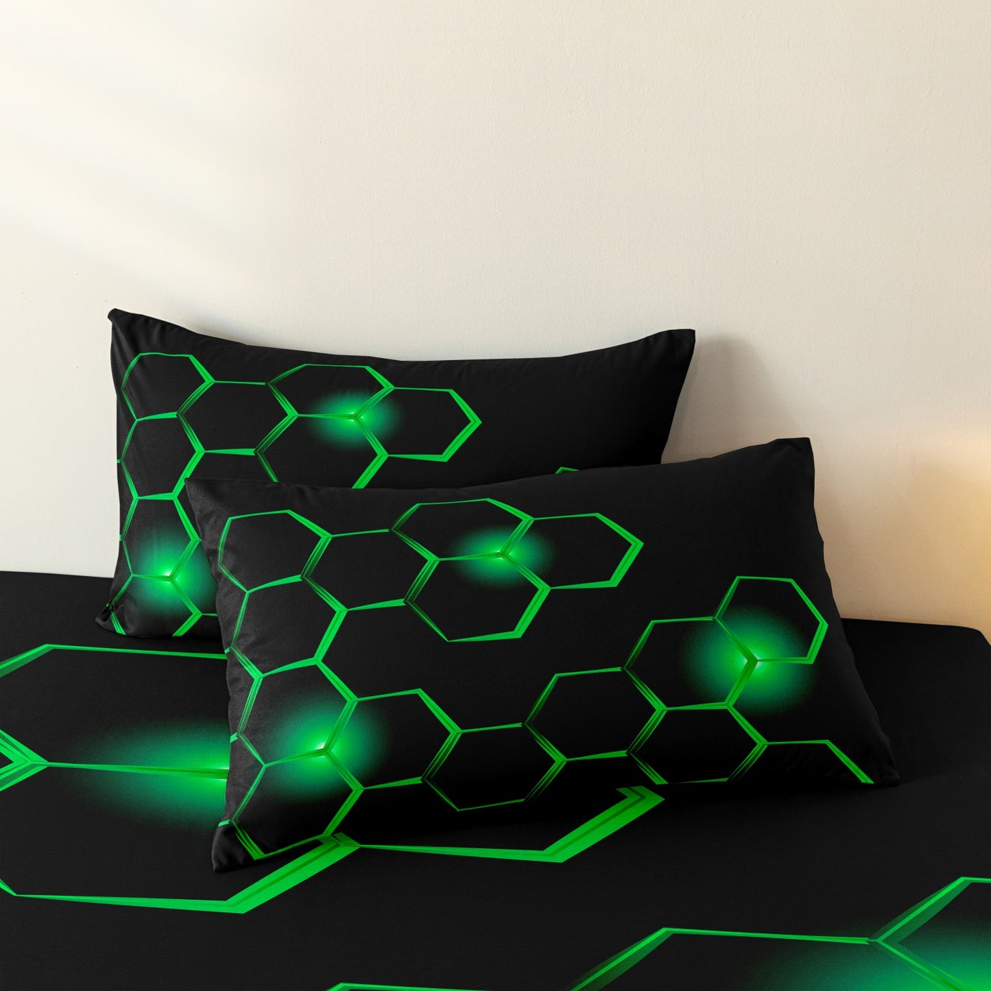 3Pcs Dreammers 3D Green Hexagon Glow Duvet Cover Set, Modern Gamer Soft Bedding Set with Pillowcases