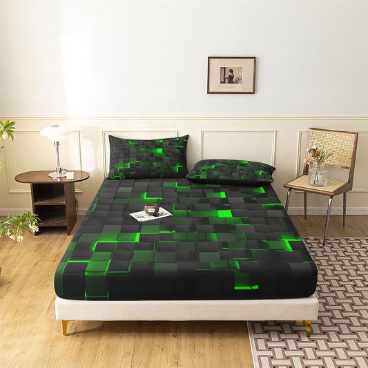 3D Green Black Geometric Cube Fitted Sheet Set, Gamer Pixelated Soft Bed Sheet with Pillowcases