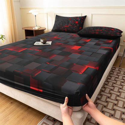Dreammers 3D Red Black Cube Fitted Sheet, Gamer Geometric Soft Bed Sheet Set with Pillowcases