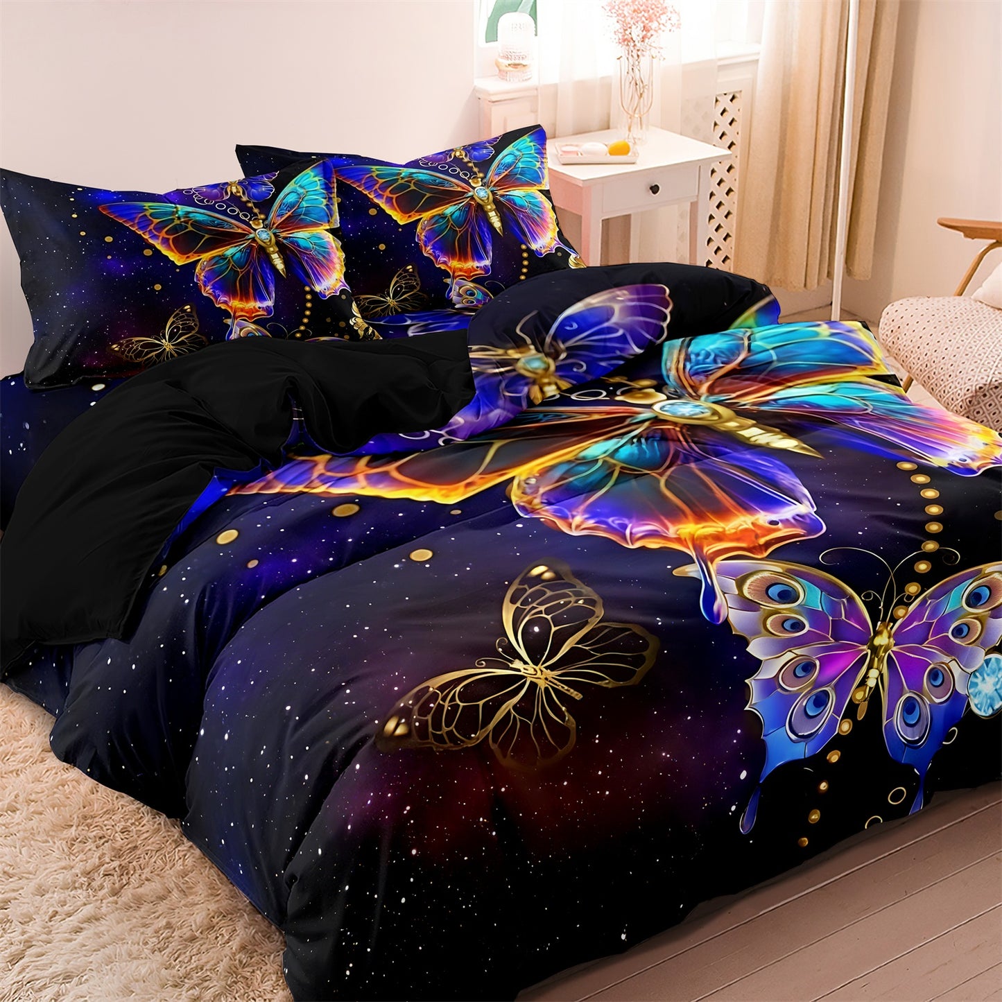 Dreammers 3D Galaxy Colorful Butterfly Duvet Cover Set, Mystical Soft Bedding Set with Pillowcases