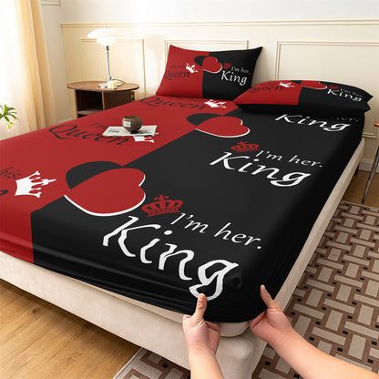 King and Queen Couple Fitted Sheet Set, Romantic Red Black Heart Bedding with Pillowcases