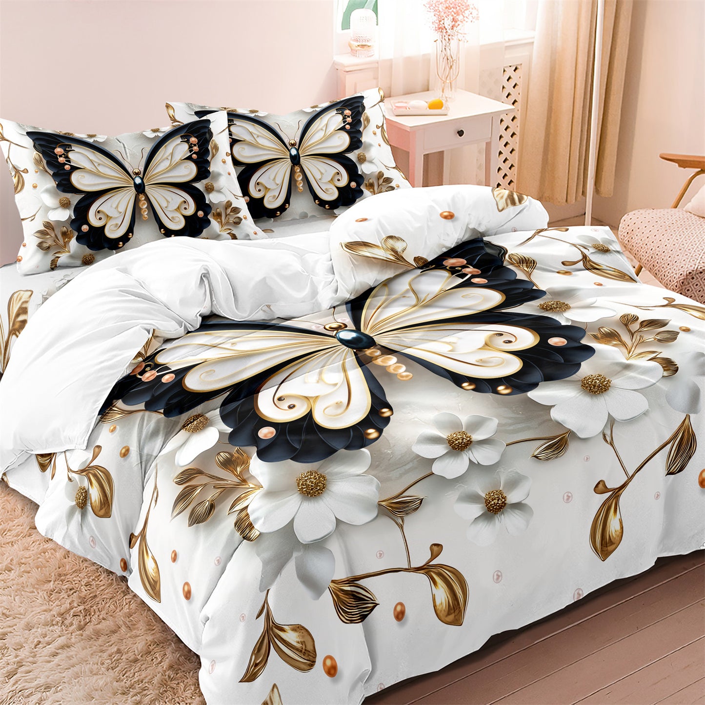 Dreammers Luxury Black Gold Butterfly Floral Duvet Cover Set, Elegant Soft Bedding Set with Pillowcases