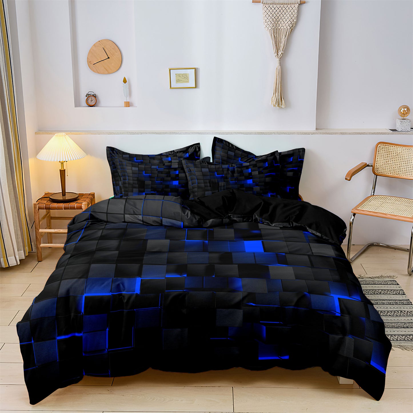 3Pcs Dreammers 3D Blue Black Geometric Duvet Cover Set, Modern Soft Bedding Set with Pillowcases