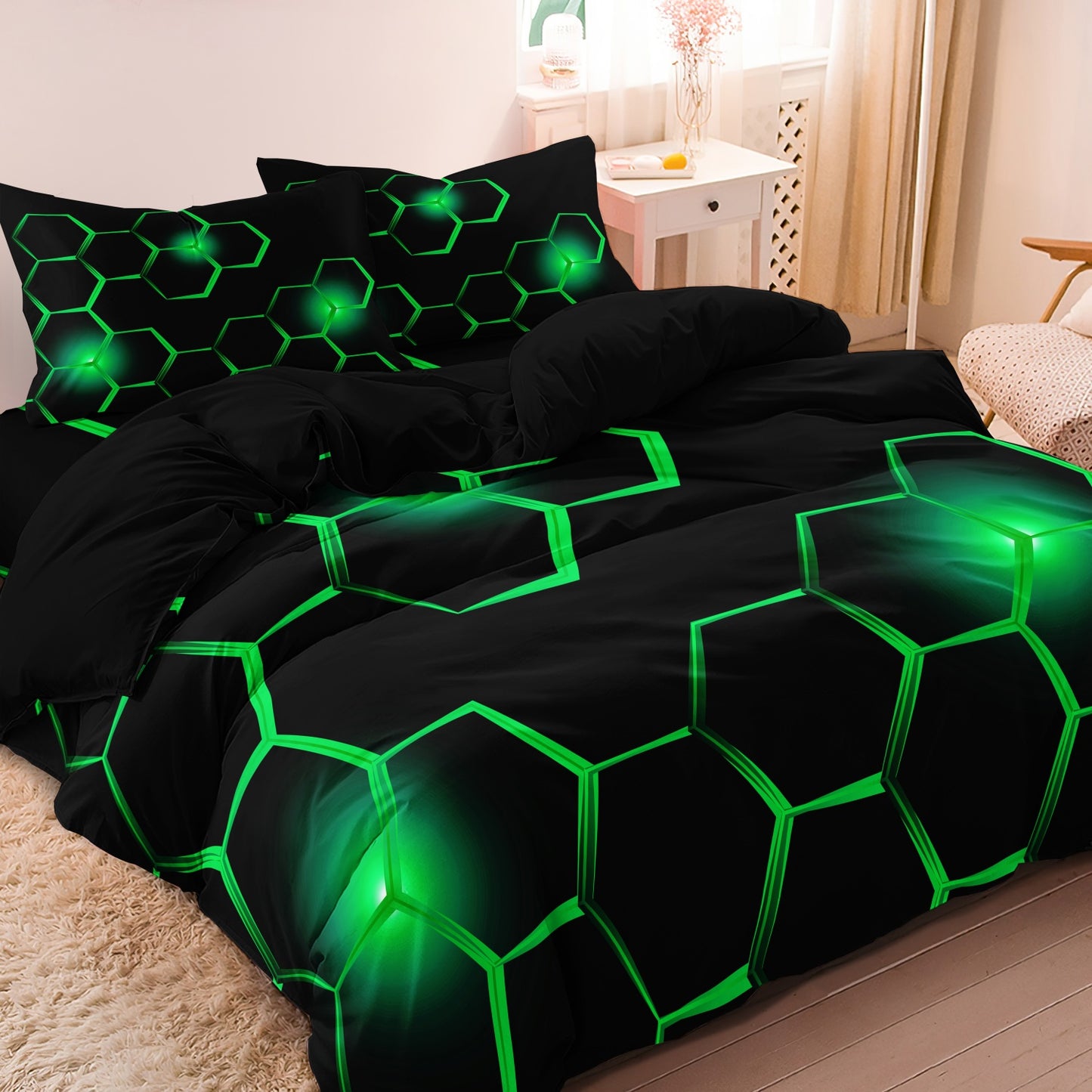 3Pcs Dreammers 3D Green Hexagon Glow Duvet Cover Set, Modern Gamer Soft Bedding Set with Pillowcases