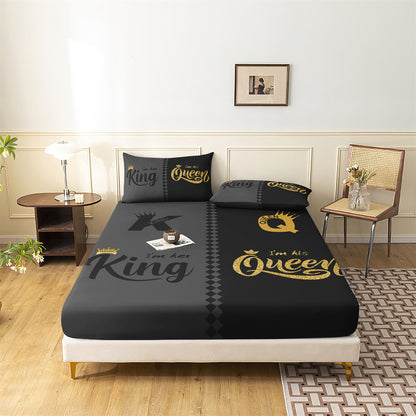 King and Queen Couple Fitted Sheet Set, Romantic His & Hers Bedding with Pillowcases for Couples Bedroom