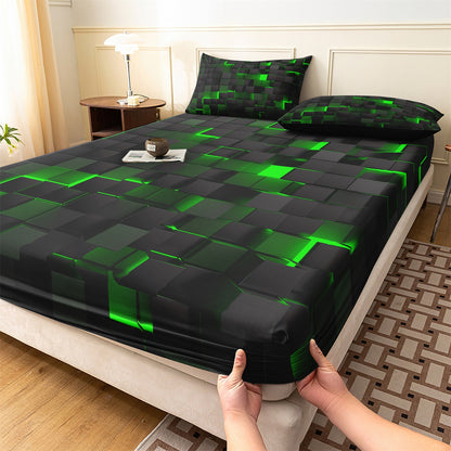 3D Green Black Geometric Cube Fitted Sheet Set, Gamer Pixelated Soft Bed Sheet with Pillowcases