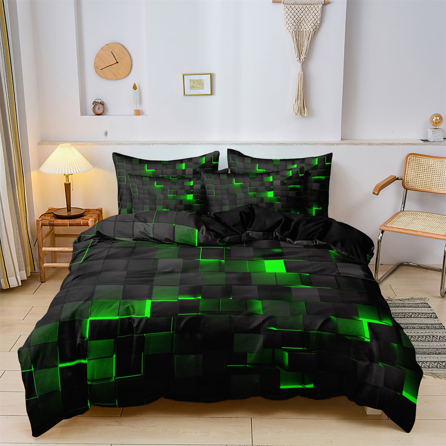 Dreammers 3D Green Black Cube Duvet Cover Set, Gamer Geometric Soft Bedding Set with Pillowcases