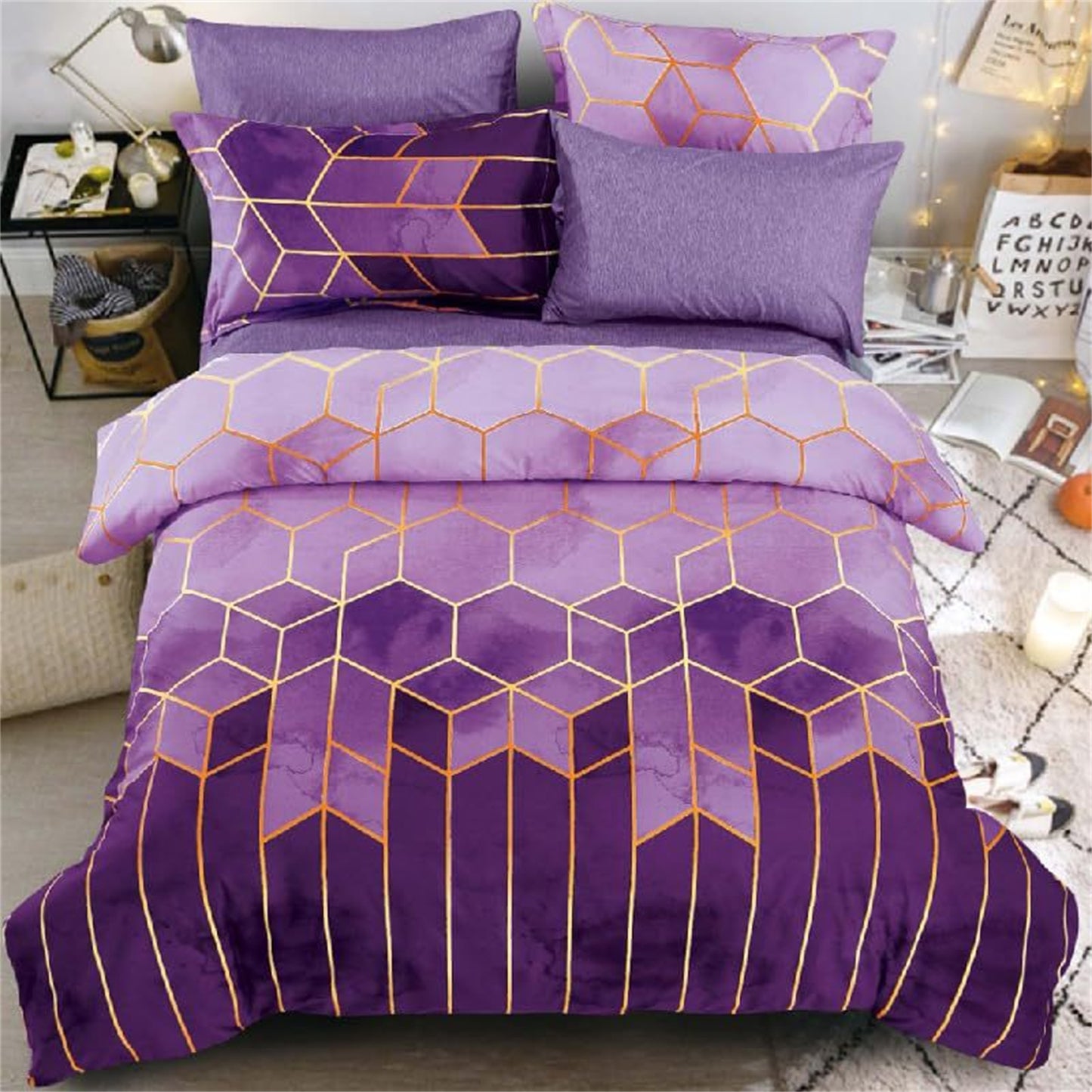 3Pcs Purple Geometric Printed Quilt Duvet Cover Bedding Set
