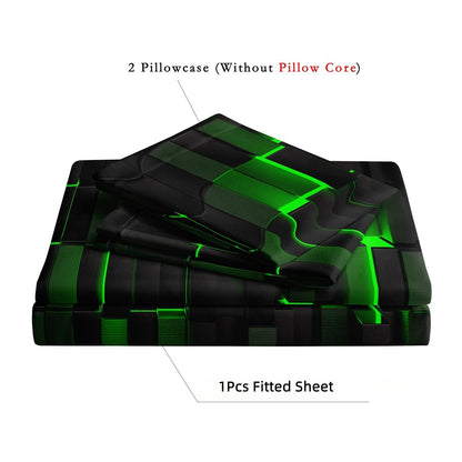 3D Green Black Geometric Cube Fitted Sheet Set, Gamer Pixelated Soft Bed Sheet with Pillowcases