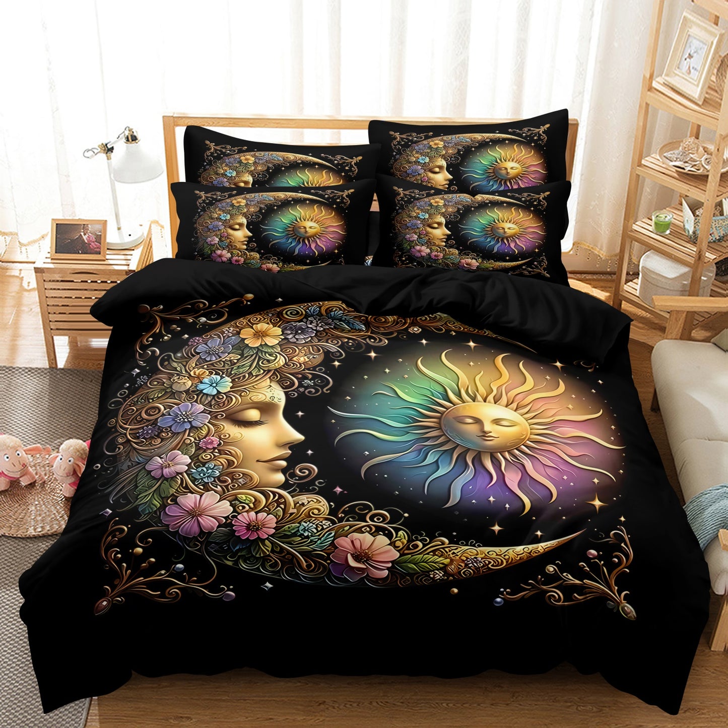 Dreammers Boho Sun Moon Floral Duvet Cover Set, Mystical Celestial Soft Bedding Set with Pillowcases