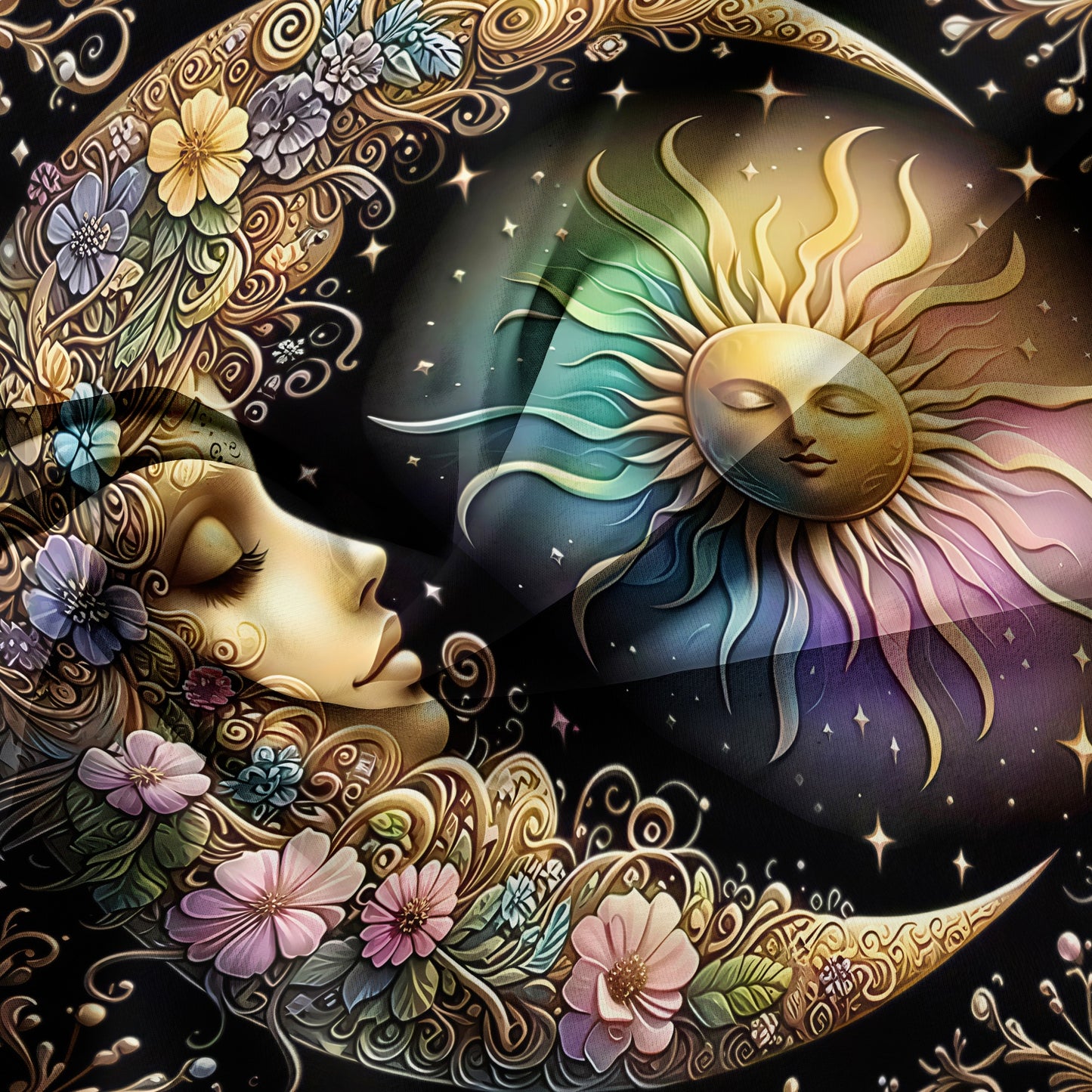 Dreammers Boho Sun Moon Floral Duvet Cover Set, Mystical Celestial Soft Bedding Set with Pillowcases