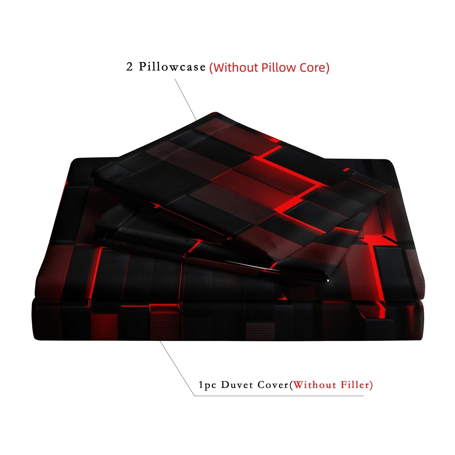 3Pcs Dreammers 3D Red Black Geometric Duvet Cover Set, Modern Soft Bedding Set with Pillowcases