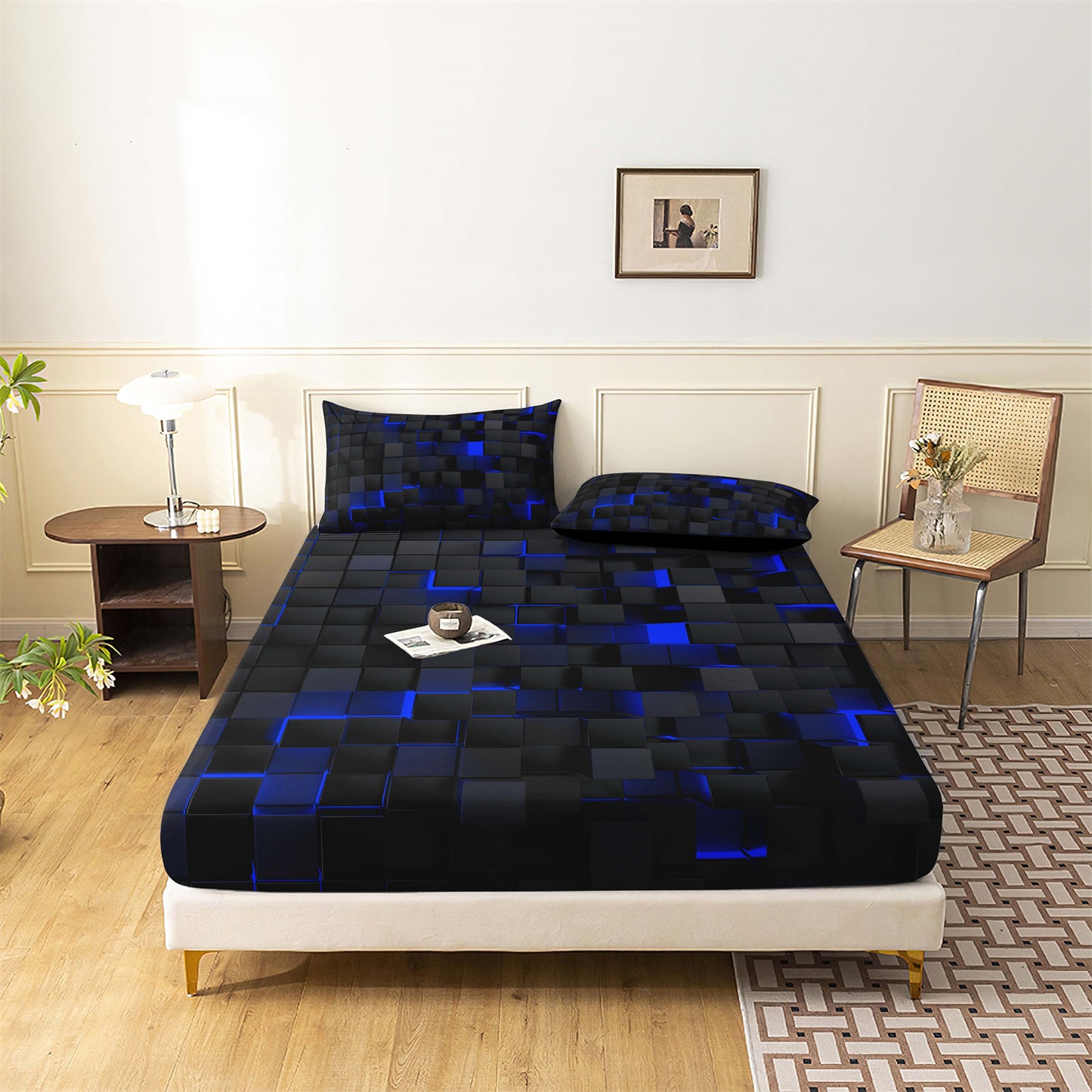 3D Blue Lightning Fitted Sheet Set, Gamer Thunderbolt Soft Bed Sheet with Pillowcases