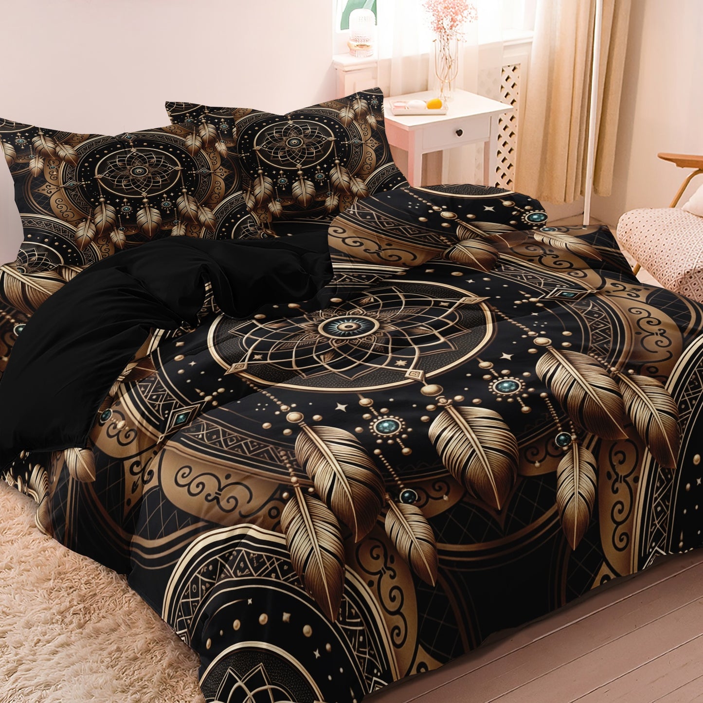Dreammers Boho Gold Black Dreamcatcher Mandala Duvet Cover Set, Bohemian Soft Bedding Set with Pillowcases