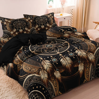 Dreammers Boho Gold Black Dreamcatcher Mandala Duvet Cover Set, Bohemian Soft Bedding Set with Pillowcases