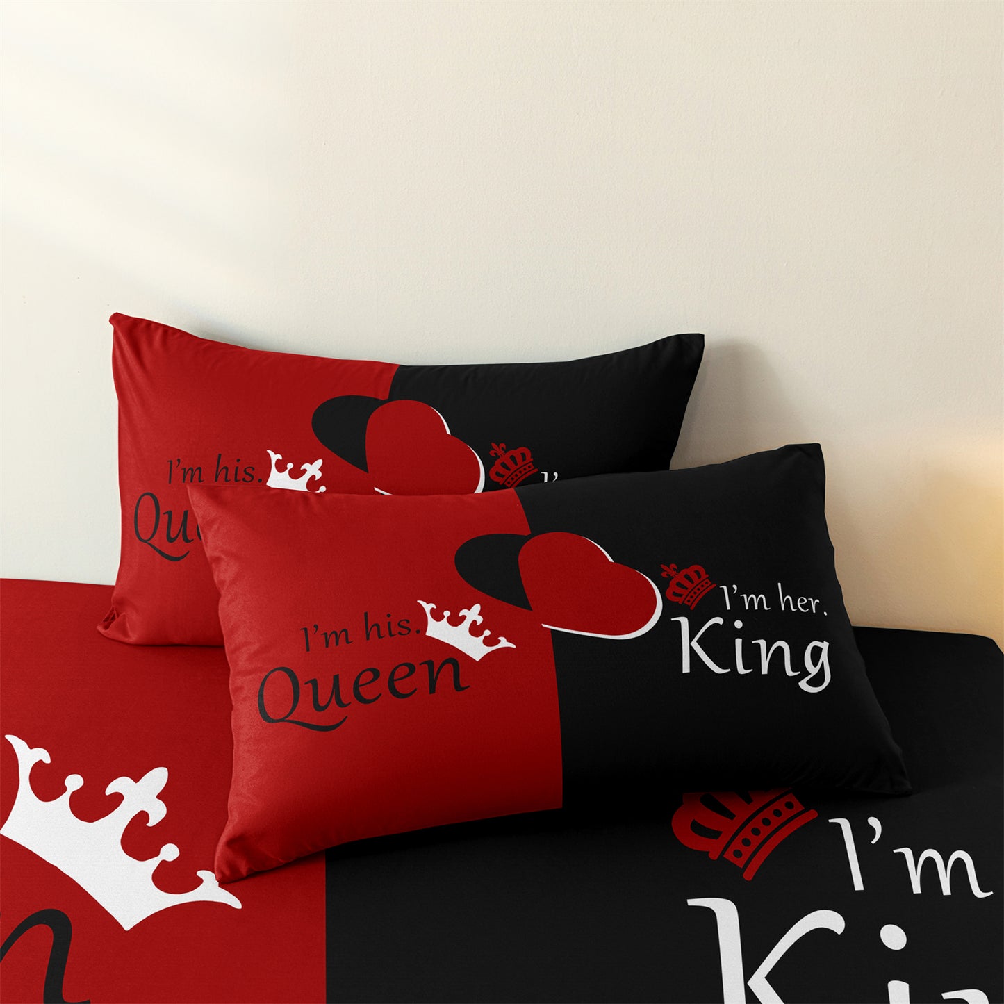 King and Queen Couple Fitted Sheet Set, Romantic Red Black Heart Bedding with Pillowcases