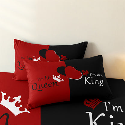 King and Queen Couple Fitted Sheet Set, Romantic Red Black Heart Bedding with Pillowcases
