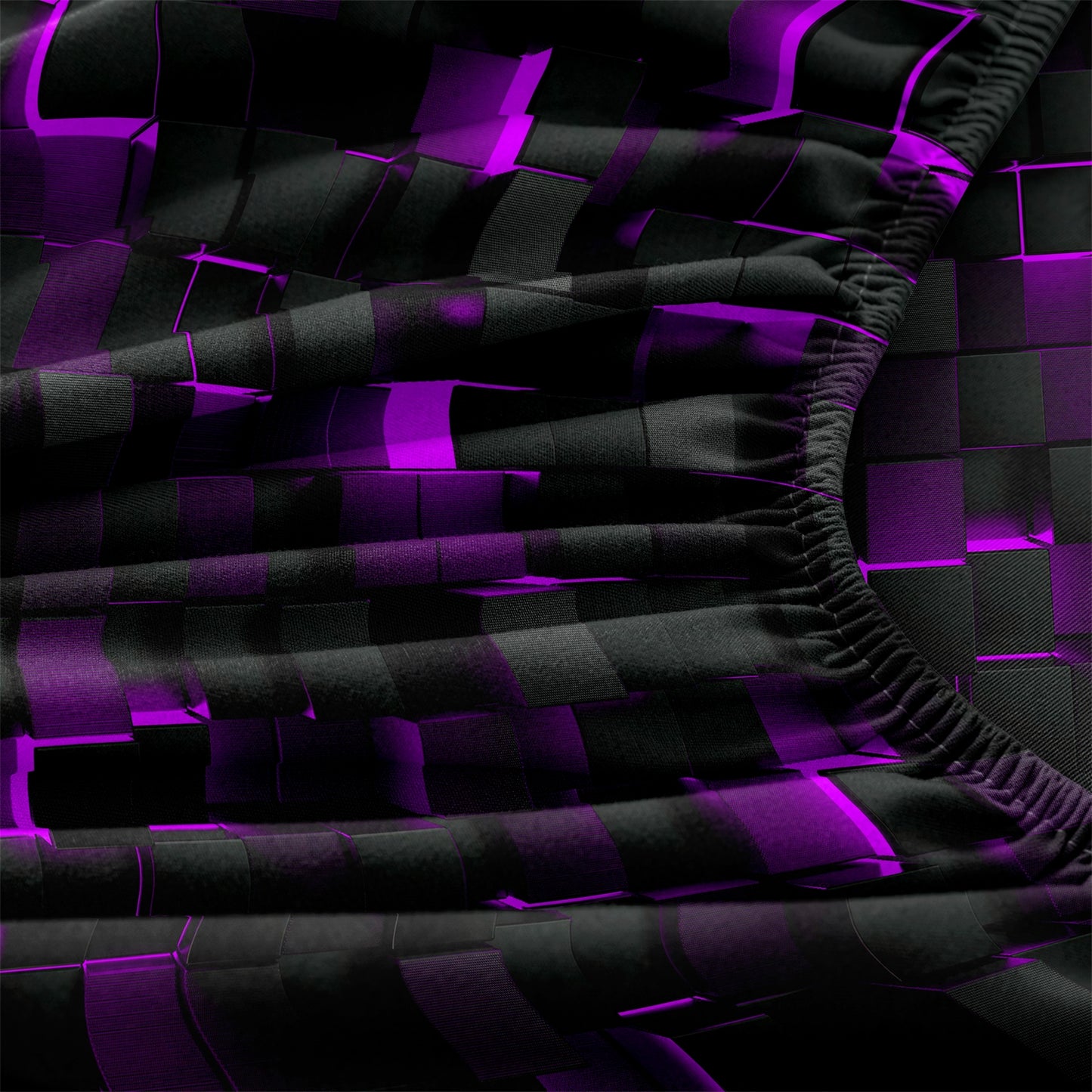 3D Purple Black Geometric Cube Fitted Sheet Set, Gamer Pixelated Soft Bed Sheet with Pillowcases