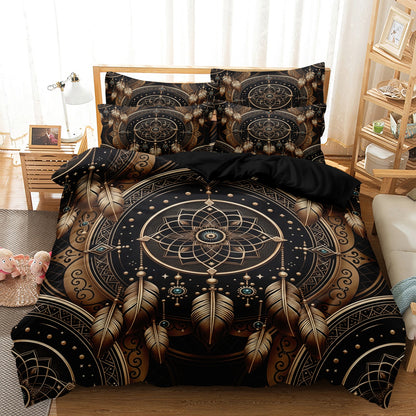 Dreammers Boho Gold Black Dreamcatcher Mandala Duvet Cover Set, Bohemian Soft Bedding Set with Pillowcases