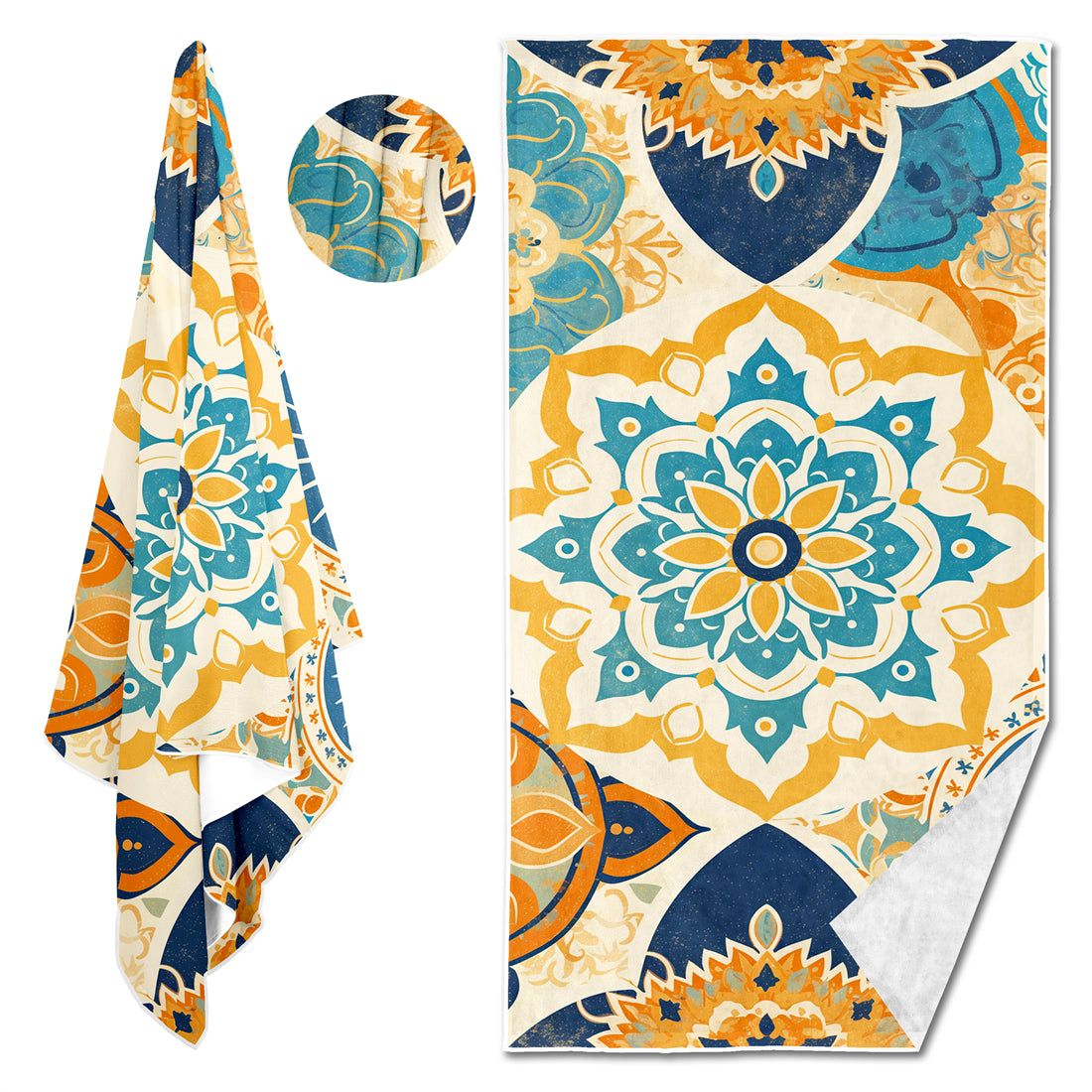 Dreammers Vintage Blue Yellow Mandala Beach Towel, Boho Bohemian Quick Dry Soft Bath Towel