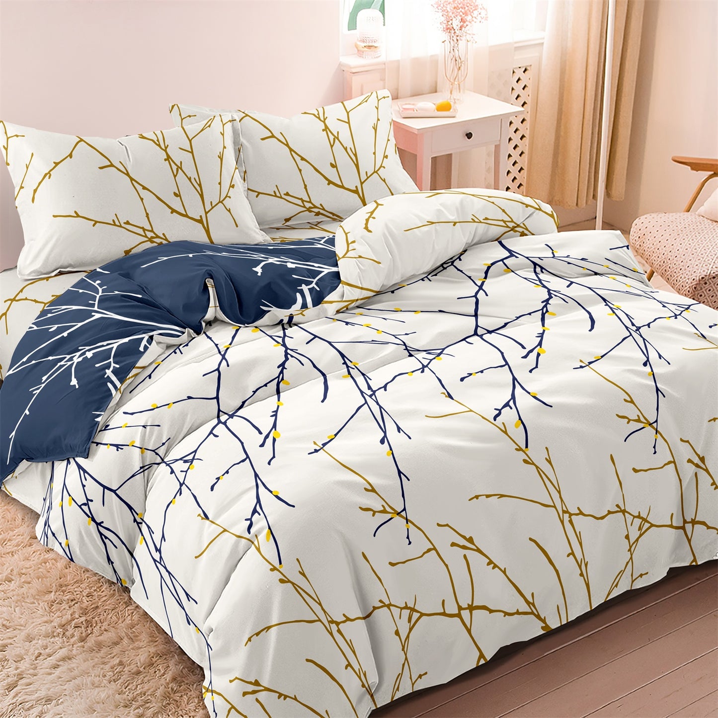 Dreammers Navy Blue Gold Branch Duvet Cover Set, Modern Botanical Soft Bedding Set with Pillowcases