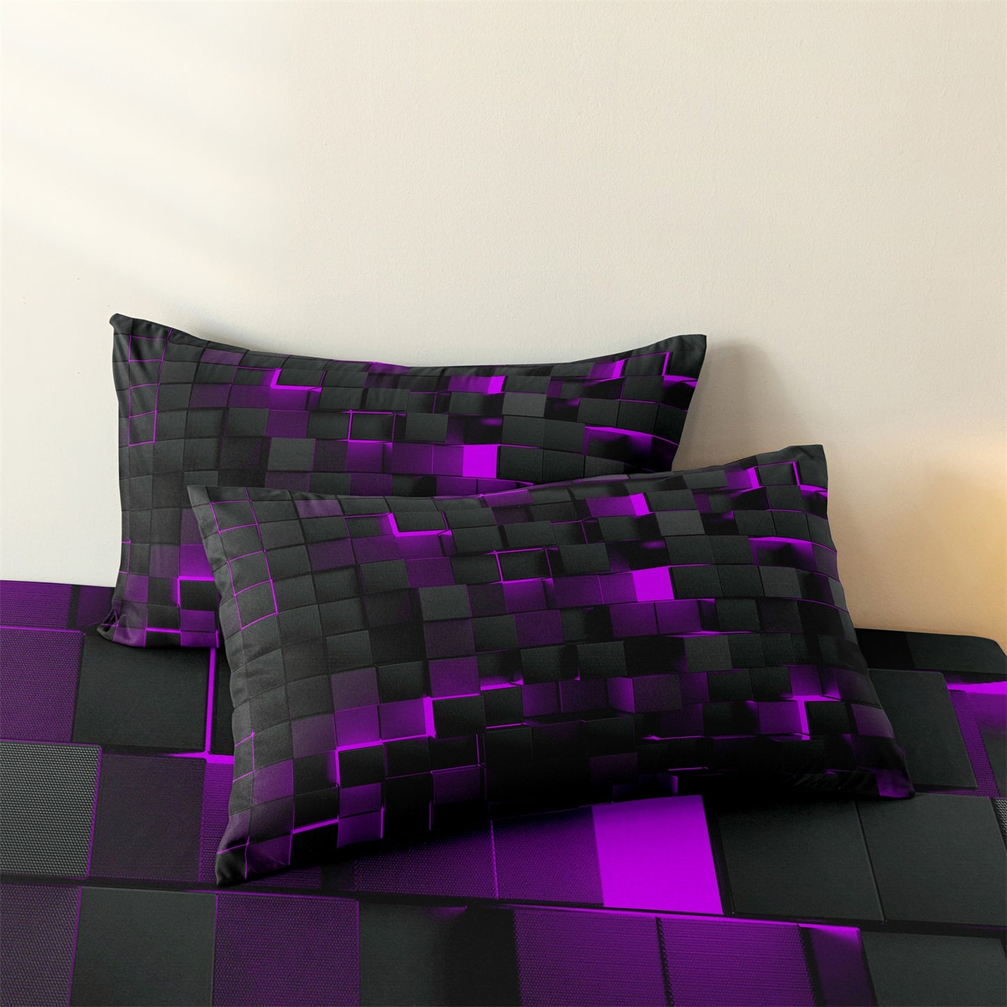 3D Purple Black Geometric Cube Fitted Sheet Set, Gamer Pixelated Soft Bed Sheet with Pillowcases