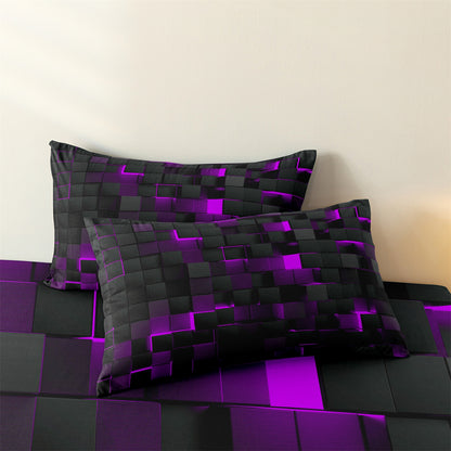3D Purple Black Geometric Cube Fitted Sheet Set, Gamer Pixelated Soft Bed Sheet with Pillowcases