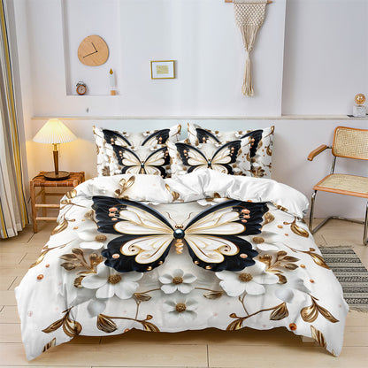 Dreammers Luxury Black Gold Butterfly Floral Duvet Cover Set, Elegant Soft Bedding Set with Pillowcases