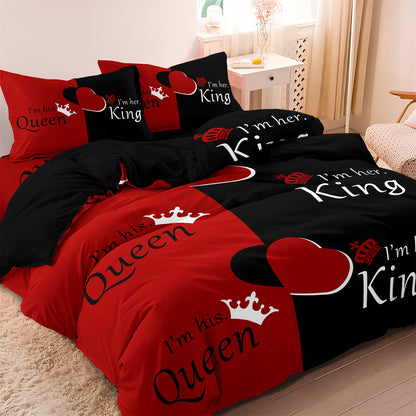 Dreammers Queen King Red Black Couple Duvet Cover Set, His Hers Romantic Soft Bedding Set with Pillowcases