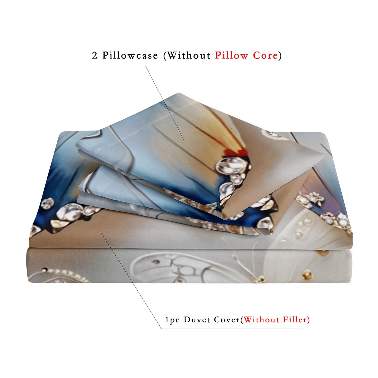 Dreammers Luxury 3D Blue Butterfly Jewelry Duvet Cover Set, Elegant Floral Soft Bedding Set with Pillowcases