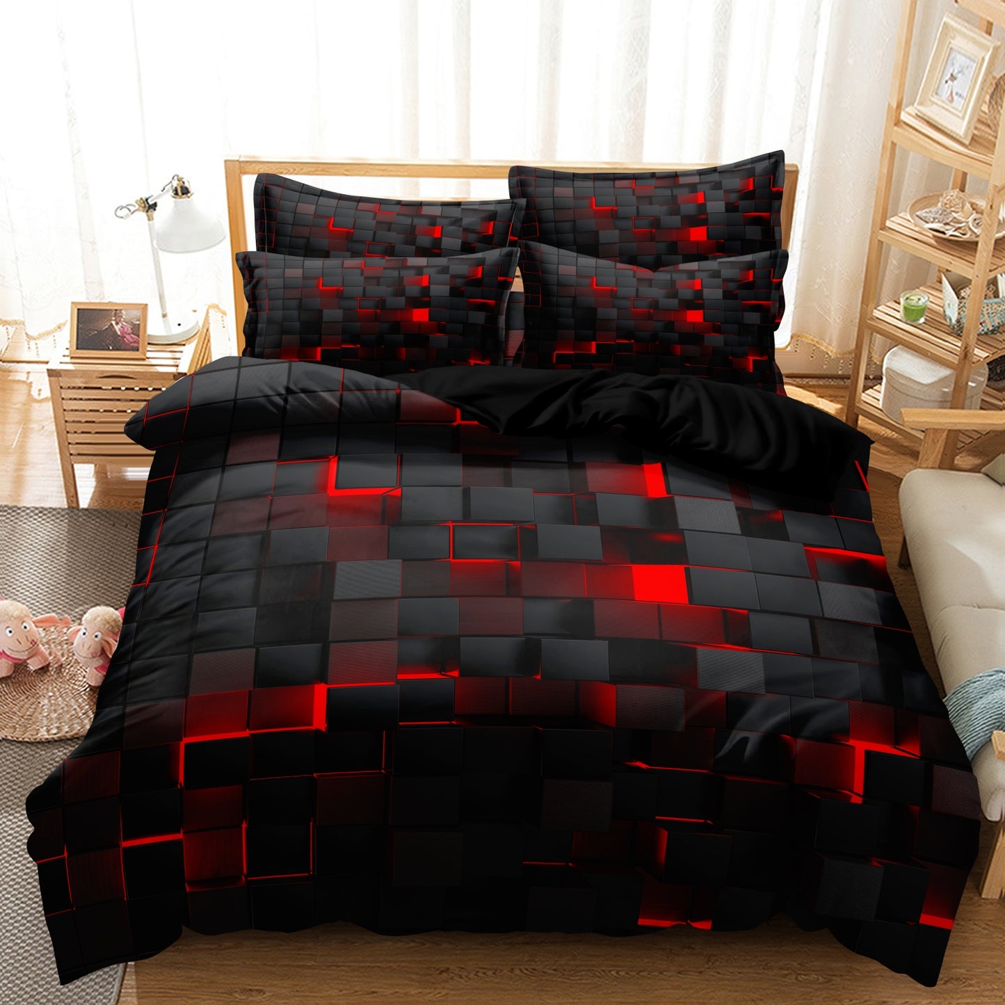 3Pcs Dreammers 3D Red Black Geometric Duvet Cover Set, Modern Soft Bedding Set with Pillowcases