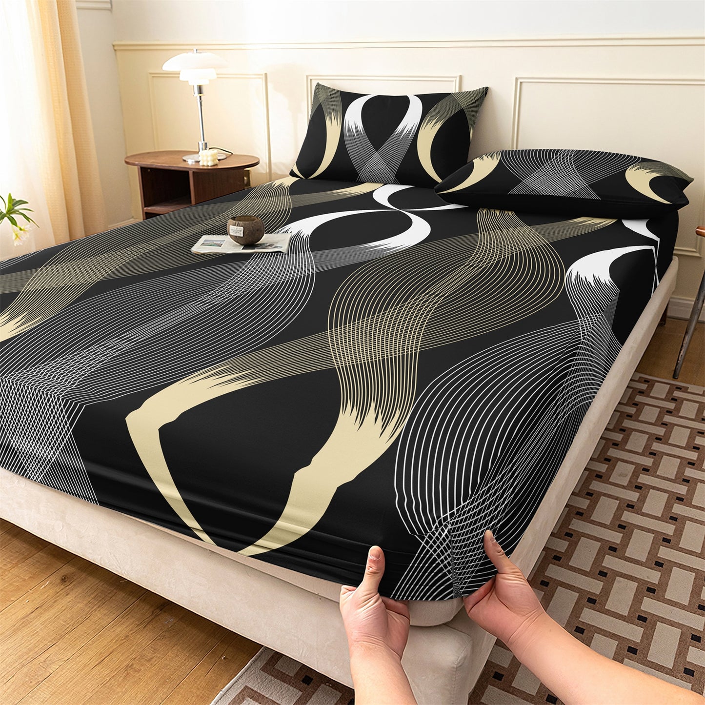 Luxury Gold Black Wave Geometric Fitted Sheet Set, Modern Abstract Soft Bed Sheet with Pillowcases