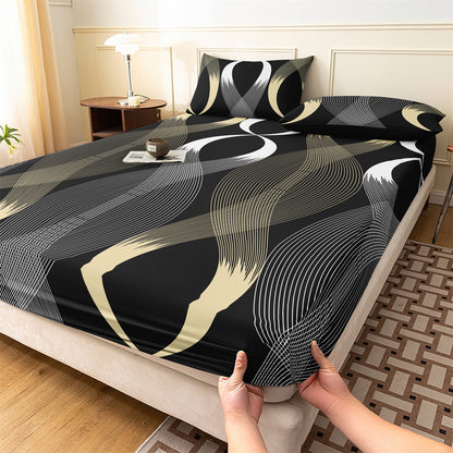 Luxury Gold Black Wave Geometric Fitted Sheet Set, Modern Abstract Soft Bed Sheet with Pillowcases