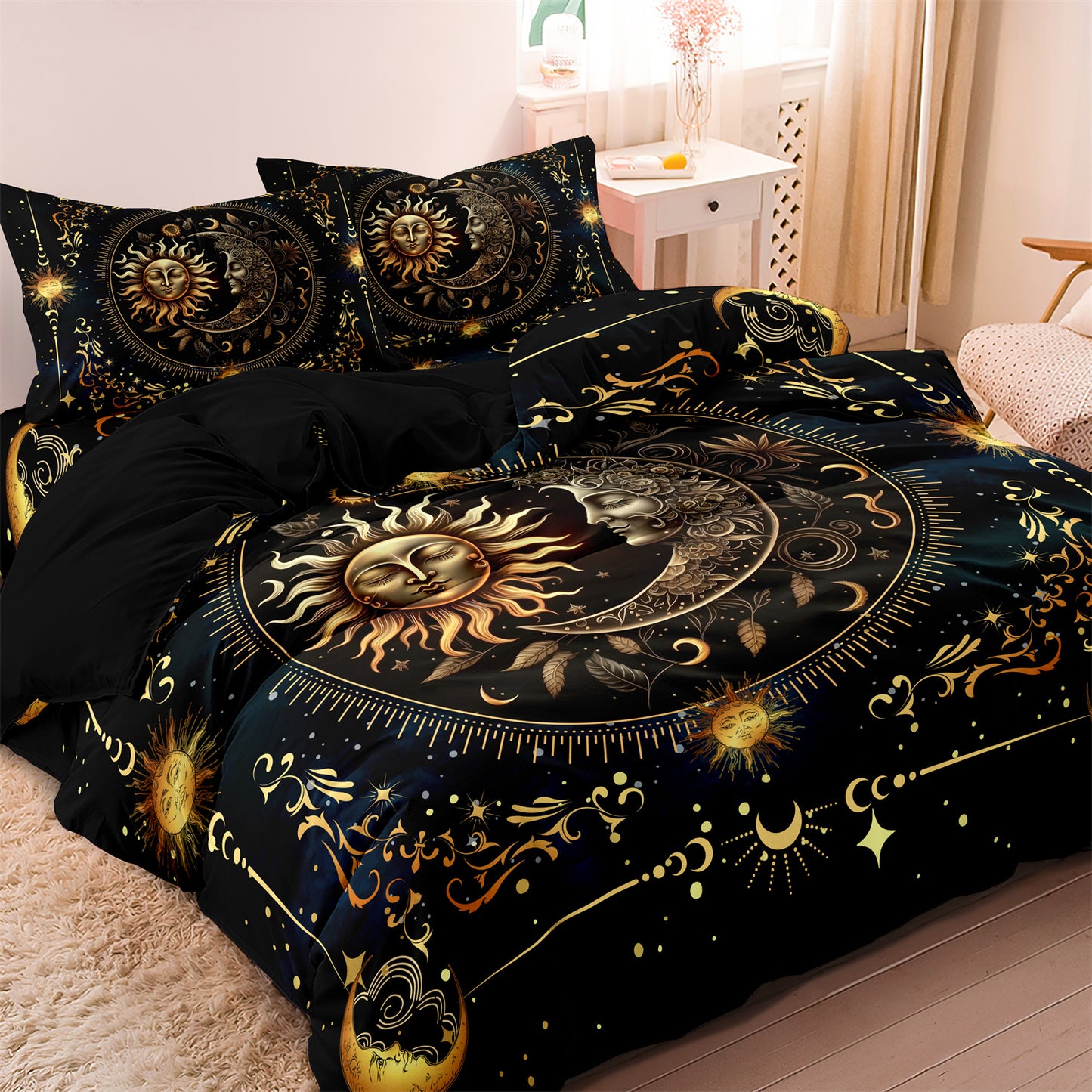 Dreammers Boho Sun Moon Tarot Duvet Cover Set, Mystical Astrology Soft Bedding Set with Pillowcases