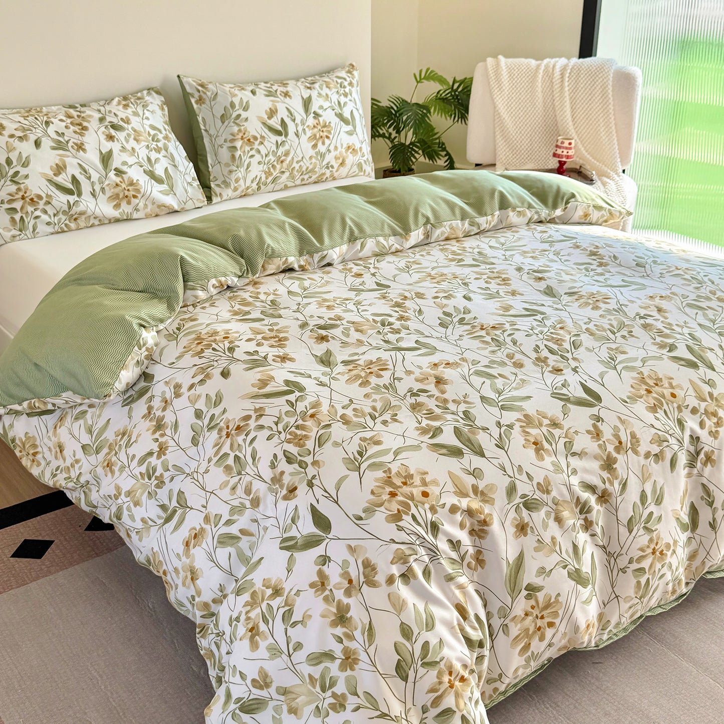 3Pcs Grass Green Double Sided Plant Printed Quilt Duvet Cover Bedding Set