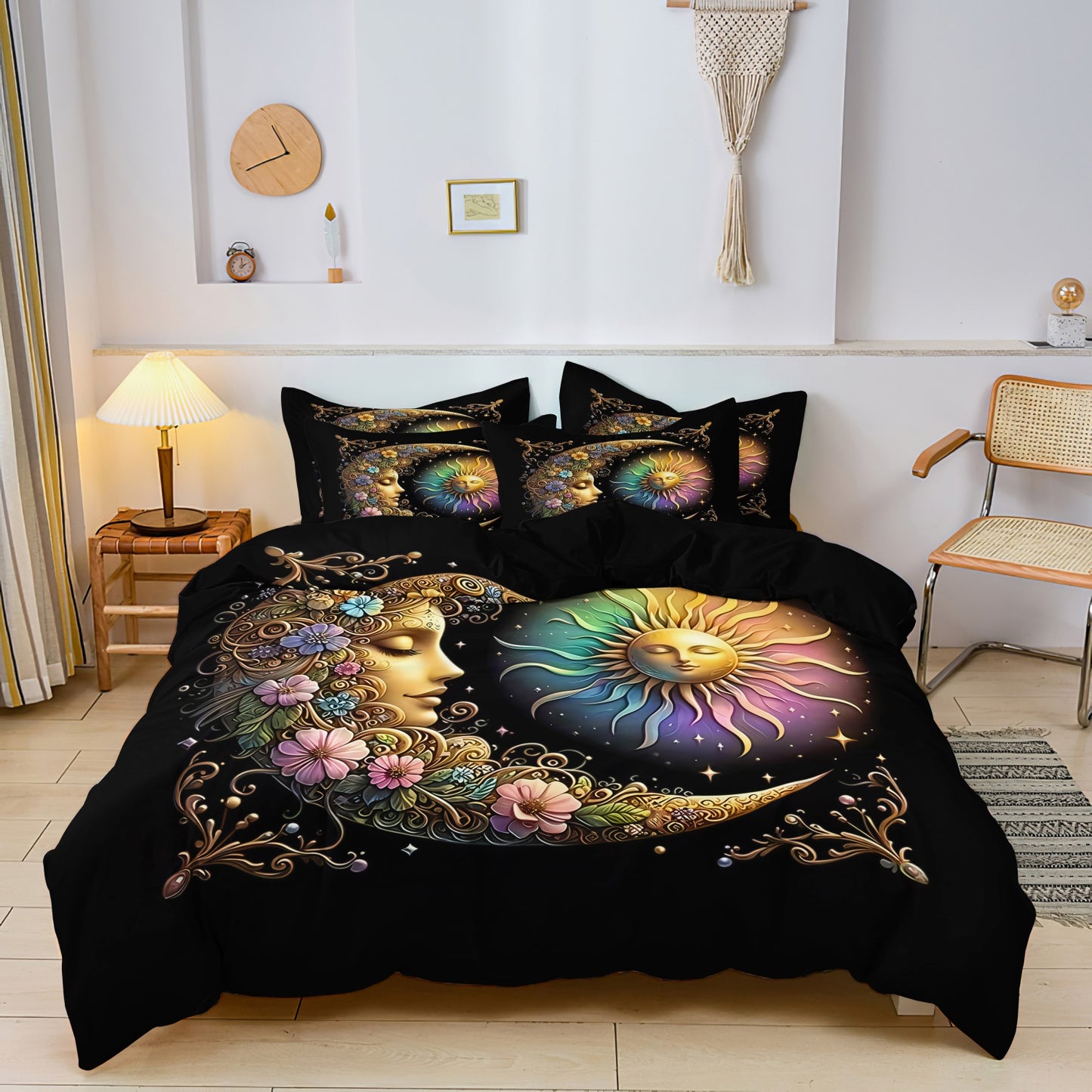 Dreammers Boho Sun Moon Floral Duvet Cover Set, Mystical Celestial Soft Bedding Set with Pillowcases