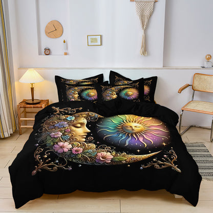 Dreammers Boho Sun Moon Floral Duvet Cover Set, Mystical Celestial Soft Bedding Set with Pillowcases