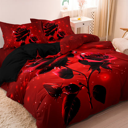 Dreammers 3D Red Rose Duvet Cover Set, Romantic Floral Soft Bedding Set with Pillowcases