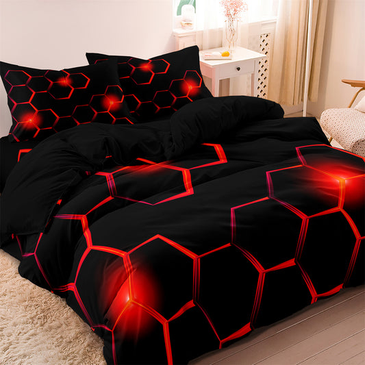 Dreammers 3D Red Honeycomb Geometric Duvet Cover Set, Futuristic Tech Soft Bedding Set with Pillowcases