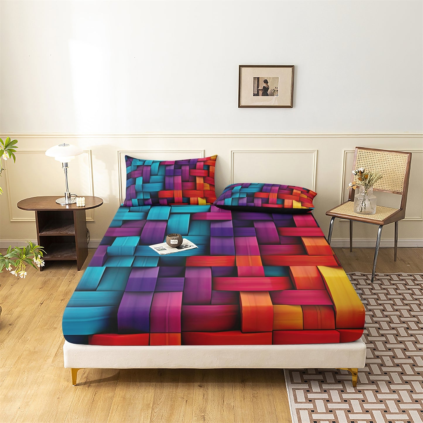 3D Colorful Woven Geometric Fitted Sheet Set, Vibrant Abstract Soft Bed Sheet with Pillowcases