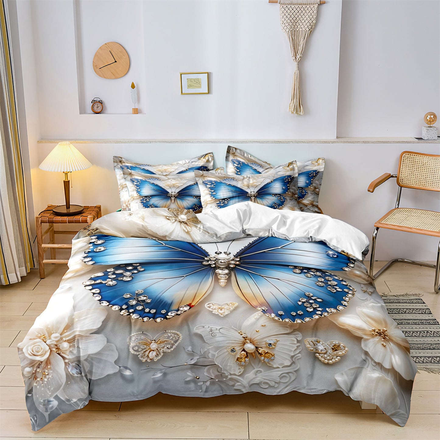 Dreammers Luxury 3D Blue Butterfly Jewelry Duvet Cover Set, Elegant Floral Soft Bedding Set with Pillowcases