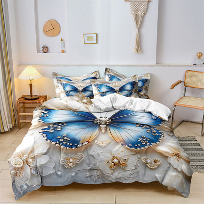 Dreammers Luxury 3D Blue Butterfly Jewelry Duvet Cover Set, Elegant Floral Soft Bedding Set with Pillowcases