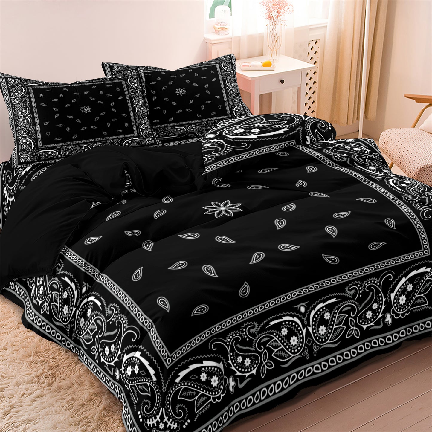 Dreammers Black White Bandana Paisley Duvet Cover Set, Western Boho Soft Bedding Set with Pillowcases
