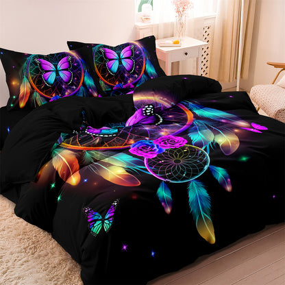 Dreammers Boho Rainbow Dreamcatcher Butterfly Duvet Cover Set, Mystical Bohemian Soft Bedding Set with Pillowcases