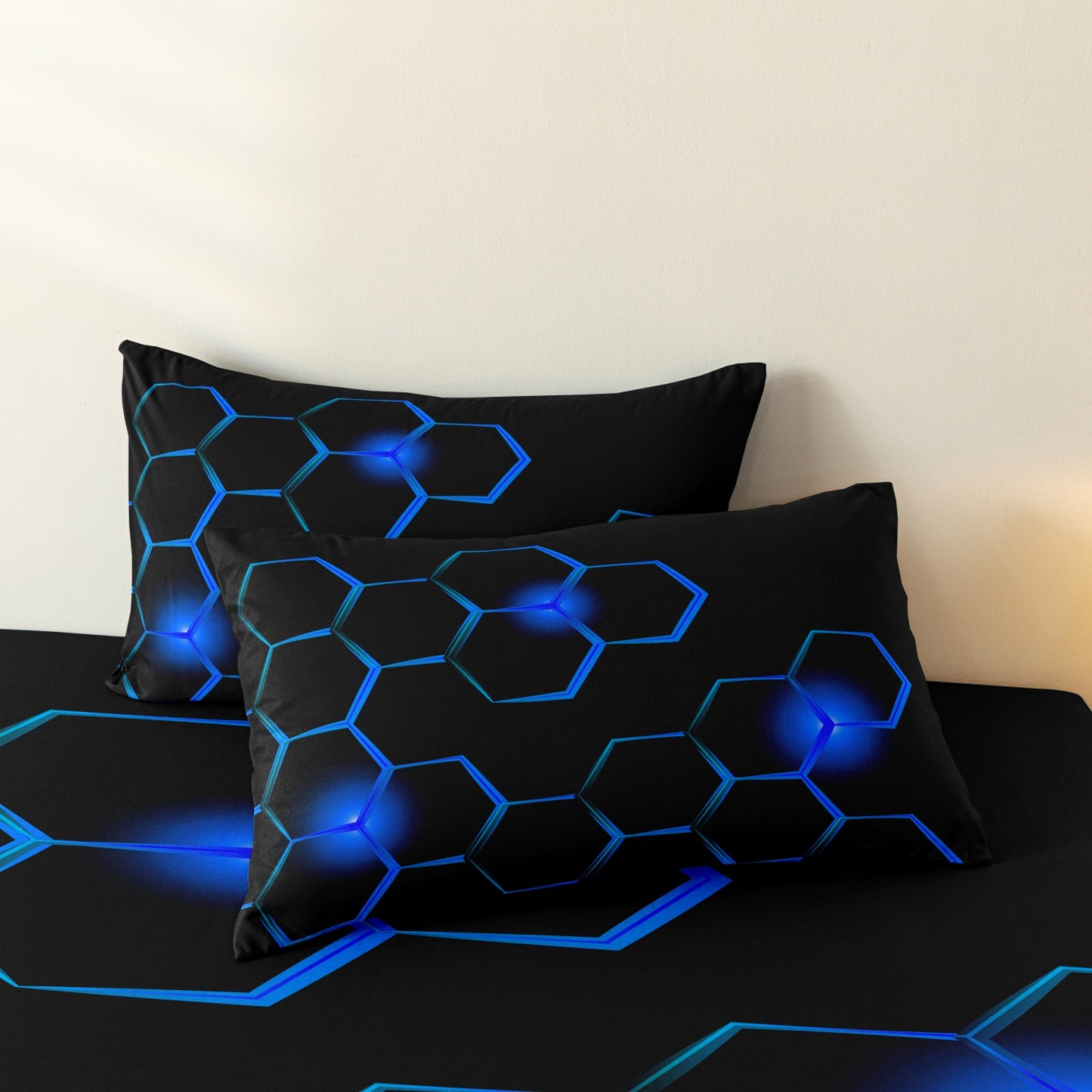 Dreammers 3D Blue Honeycomb Geometric Duvet Cover Set, Futuristic Tech Soft Bedding Set with Pillowcases