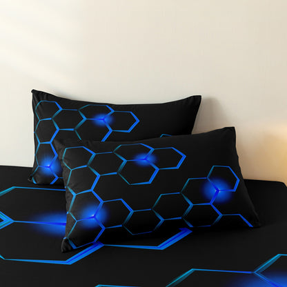 Dreammers 3D Blue Honeycomb Geometric Duvet Cover Set, Futuristic Tech Soft Bedding Set with Pillowcases