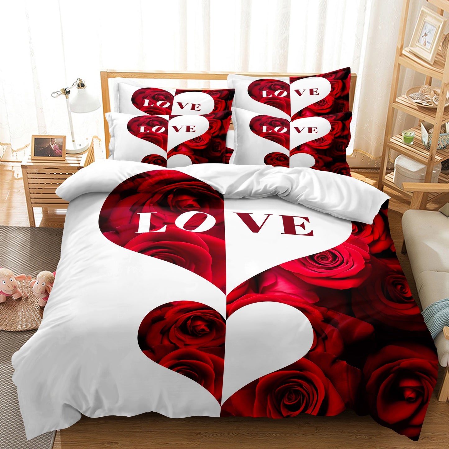 3Pcs Dreammers Red Rose Heart Love Duvet Cover Set, Romantic Soft Bedding Set with Pillowcases