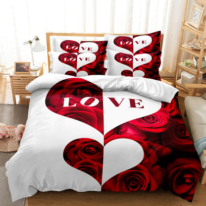 3Pcs Dreammers Red Rose Heart Love Duvet Cover Set, Romantic Soft Bedding Set with Pillowcases
