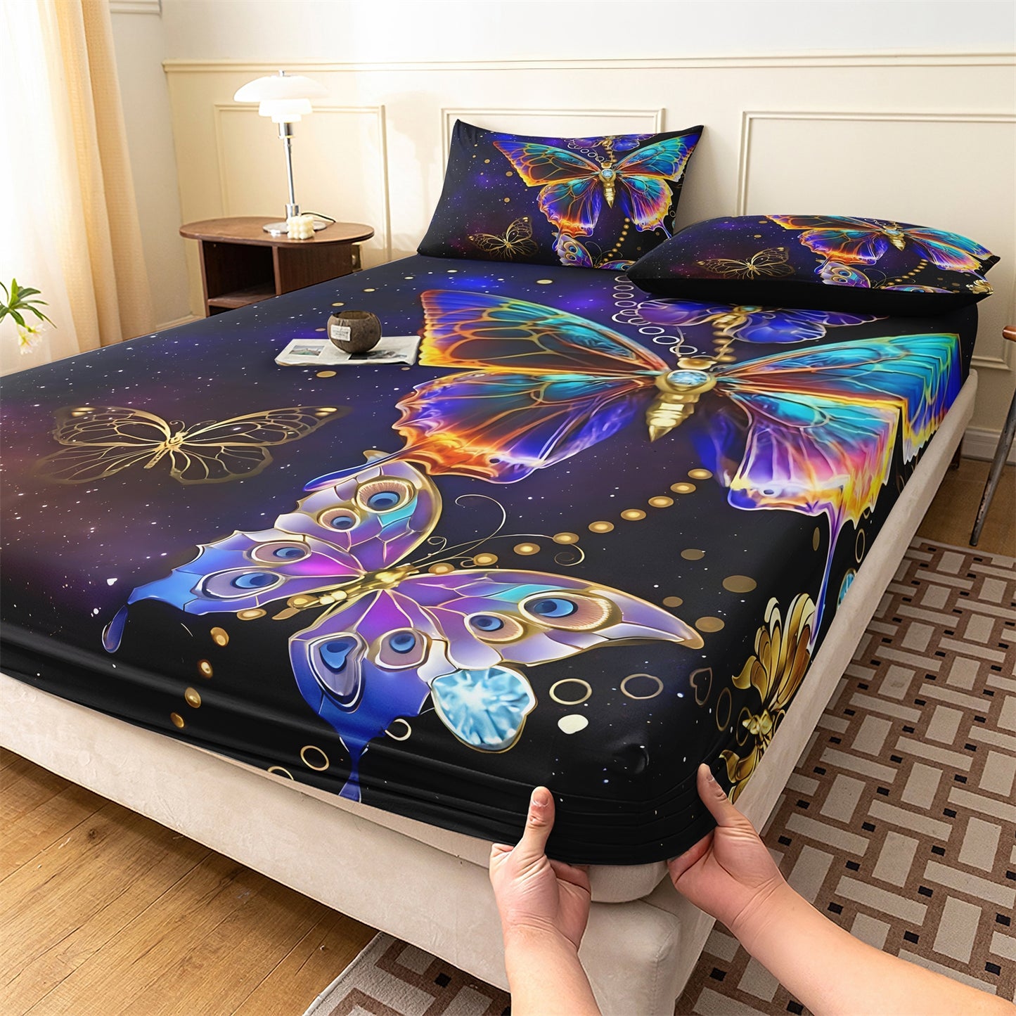 Galaxy Butterfly Fitted Sheet Set, Colorful Starry Sky Soft Bed Sheet with Pillowcases